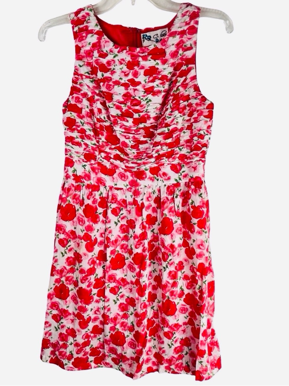 Anthropologie C LUCE Red Pink Dress Small Poppy Flowers Floral Ruched Sleeveless